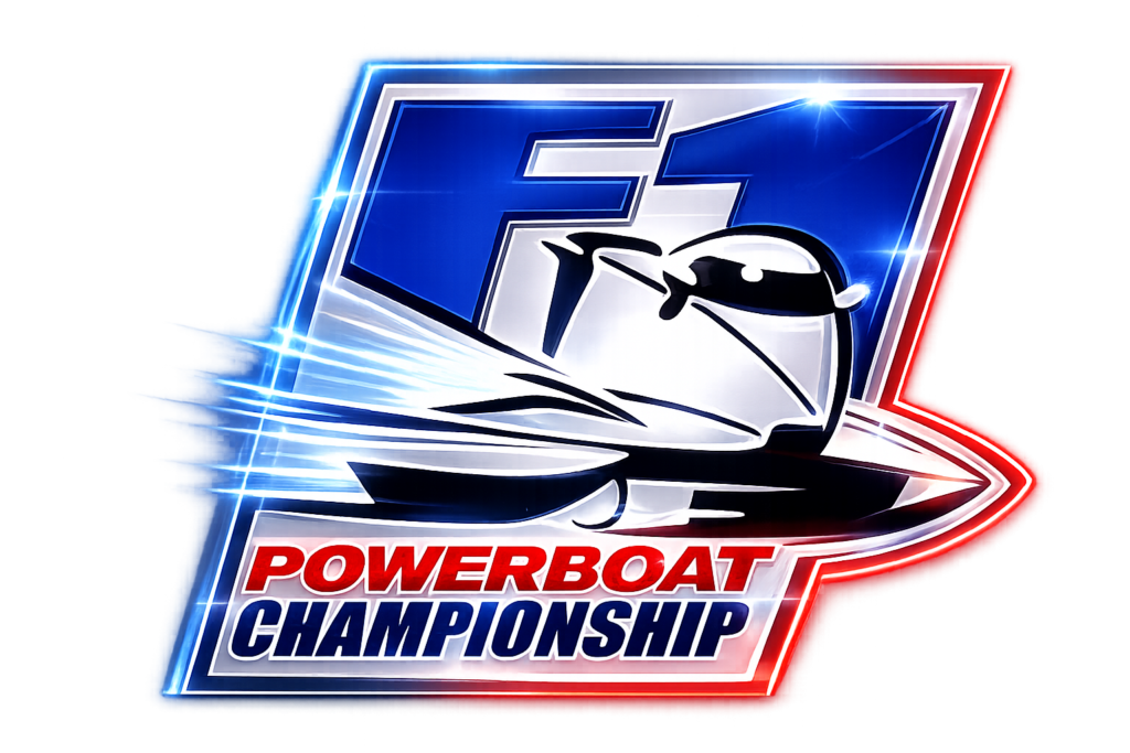 "F1 Powerboat Championship logo: a chrome-styled racing tunnel boat cutting across a blue 'F1' badge with glowing blue and red edges and speed streaks, above 'POWERBOAT' in red and 'CHAMPIONSHIP' in blue.